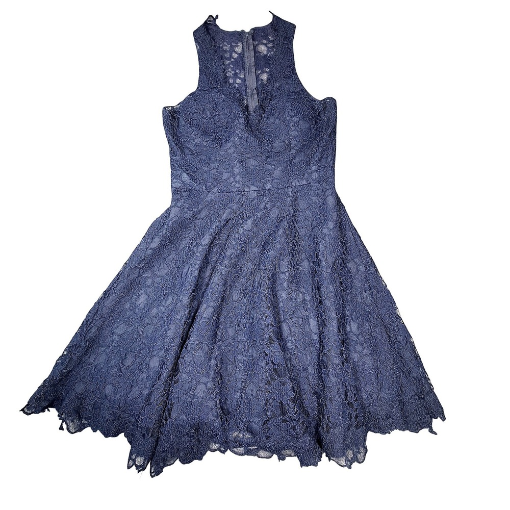 Navy Blue Floral Lace Sleeveless Fit and Flare Cocktail Dress Size 14